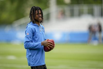 Detroit Lions wide receiver Jameson Williams during a training camp practice session on July 27, 2022, in Allen Park, Michigan.